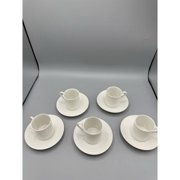 Set of 5 White Porcelain Espresso Cups & Saucers Ribbed Textured Pattern 2.5” - Picture 2 of 14